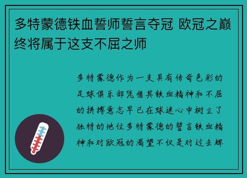 多特蒙德铁血誓师誓言夺冠 欧冠之巅终将属于这支不屈之师