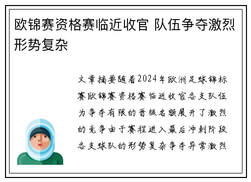 欧锦赛资格赛临近收官 队伍争夺激烈形势复杂