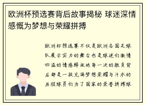 欧洲杯预选赛背后故事揭秘 球迷深情感慨为梦想与荣耀拼搏