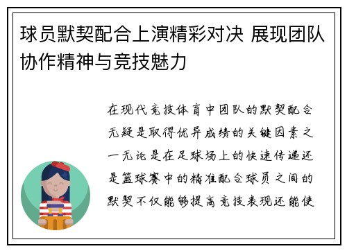 球员默契配合上演精彩对决 展现团队协作精神与竞技魅力