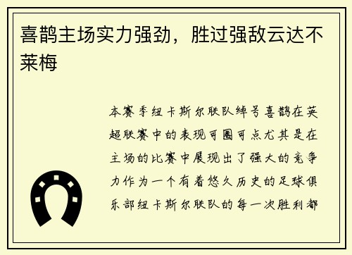 喜鹊主场实力强劲，胜过强敌云达不莱梅