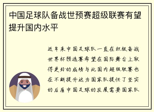 中国足球队备战世预赛超级联赛有望提升国内水平