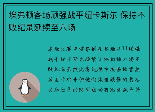 埃弗顿客场顽强战平纽卡斯尔 保持不败纪录延续至六场