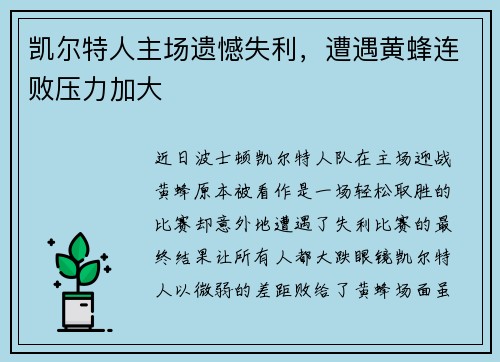 凯尔特人主场遗憾失利，遭遇黄蜂连败压力加大