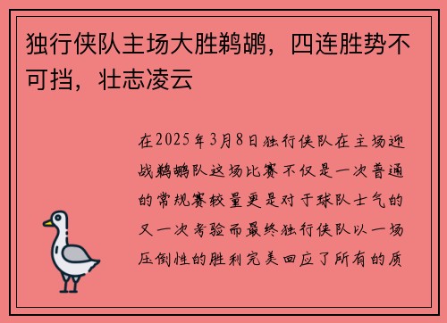 独行侠队主场大胜鹈鹕，四连胜势不可挡，壮志凌云