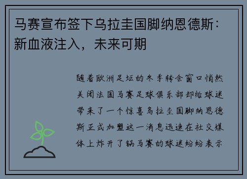 马赛宣布签下乌拉圭国脚纳恩德斯：新血液注入，未来可期