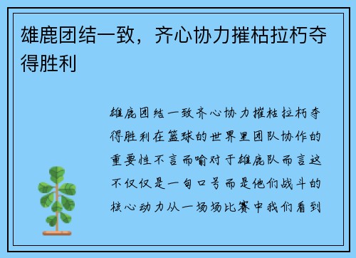 雄鹿团结一致，齐心协力摧枯拉朽夺得胜利