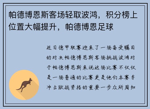 帕德博恩斯客场轻取波鸿，积分榜上位置大幅提升，帕德博恩足球