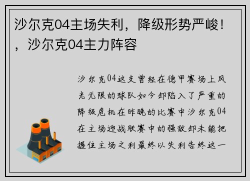 沙尔克04主场失利，降级形势严峻！，沙尔克04主力阵容