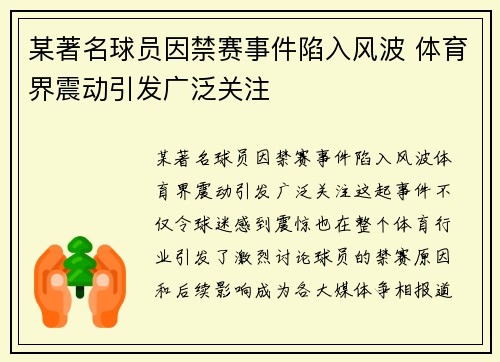 某著名球员因禁赛事件陷入风波 体育界震动引发广泛关注