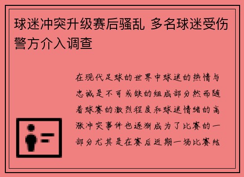 球迷冲突升级赛后骚乱 多名球迷受伤警方介入调查