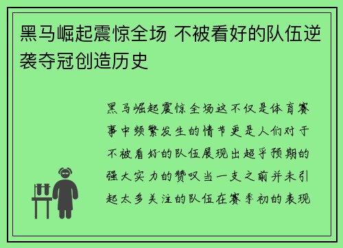 黑马崛起震惊全场 不被看好的队伍逆袭夺冠创造历史
